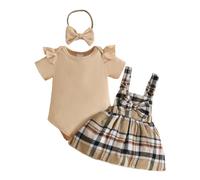JENJON Ensemble Nouveau-Né Fille Jupe à Bretelles d'Été, Manche Courte Haut Côtelé + Nœud/Carreaux Jupes à Bretelles en Velours Côtelé 3 Pièces Vêtement 3Pcs Khaki kariert 3-6 Mois