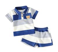 JENJON Ensemble pour Tout-petit Garçon Polo à Manches Courtes Brodé d'un Ours et Short 2 Pièces Vêtements de Printemps et d'été Décontractés Rayures bleu roi 6-9 Mois