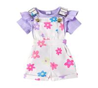 JENJON Ensemble Vêtements Bébé Fille d'Été Côtelé Haut à Volants + Mignon Imprimé Short à Bretelles Réglables Adorable 2 Pièces Printemps Automne Set Fleurs violettes 2-3 Ans