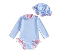 JENJON Maillot de Bain Rayé à Volant pour Bébé Fille Adorable Maillot Une Pièce Zippé Manches Longues Anti-UV avec Chapeau Ensemble pour Plage Été 6 Mois à 3 Ans