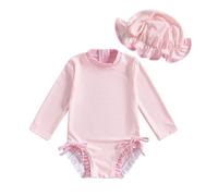 JENJON Maillot de Bain Rayé à Volant pour Bébé Fille Adorable Maillot Une Pièce Zippé Manches Longues Anti-UV avec Chapeau Ensemble pour Plage Été 6 Mois à 3 Ans