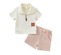 JENJON Vêtement Bébé Garçon Manche Courte col Rabattu Uni/imprimée polo T-shirt +shorts 2 Pièces Printemps Été Ensemble de Survêtement Fermeture éclair beige 12-18 Mois