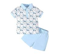 JENJON Vêtement Bébé Garçon Manche Courte col Rabattu Uni/imprimée polo T-shirt +shorts 2 Pièces Printemps Été Ensemble de Survêtement Impression de voiture bleue 6-12 Mois