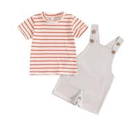 JENJON Vêtements Bébé Garçon Manches Courtes Col Contrastant Polo Top+Salopette Unie Décontractée 2 Pièces Ensemble Tenue de Printemps et d'Été Rote Streifen 6-12 Mois