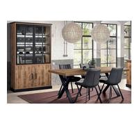 JENNA - Ensemble Table 230cm + Vitrine 4 Portes Aspect Bois et Métal