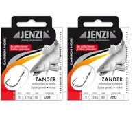 JENZI Lot de 2 paquets de crochets de sandre attachés (10 pièces) sur cordon tressé, 80 cm, pré-monté pour sandre, taille du crochet : 1, 1/0, 2 ou 4 + autocollant Petri Heill! gratuit (taille du