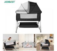 JEOBEST Lit Bébé Berceau Cododo 2 en 1 Hauteur Réglable H 98-110 cm avec Panier de Rangement Table à Langer - Noir