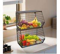 JEOBEST Panier a Fruit Etagere de Murale Cuisine 2 Etages Corbeille a Fruit avec un Couvercle en Bois 30*20*21cm