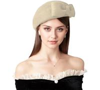 Jeorywoet Béret Chapeau élégant pilulier pour Femme avec nœud Papillon Chaud en Laine Douce français fête d'hiver Mariage Blanc