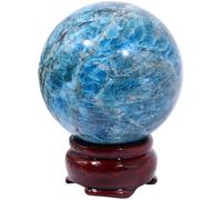 Jeorywoet Boule de Cristal de diseuse Bonne Aventure, sphère Cristal d'apatite Bleue avec Base en Bois compacte pour la méditation spirituelle, la Divination Feng Shui et la Maison