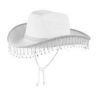 Jeorywoet Chapeau de Cowboy en Strass à Paillettes avec Frange en Strass, Chapeau de Cowgirl avec Mentonnière pour Costume d'Halloween Mariage Blanc