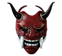 Jeorywoet Masque Hannya Rouge, Masque de Samouraï Complet Fantôme Japonais en Latex d'halloween avec et Cornes, Guerrier avec Bande Élastique, Fête de Cosplay d'halloween Effrayant, Effrayant
