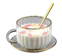 Jeorywoet Tasses à café, tasse de café 400 ml de thé en verre tasses transparentes tasse petit-déjeuner d'or avoine avec assiette cuillère chauffante résistante à la maison pour un bureau