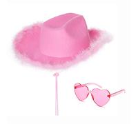 jerbro Ensemble 2 pièces chapeau de cowboy rose et lunettes de soleil en forme de cœur pour filles et femmes, accessoires de fête d'Halloween et de cosplay (adulte, rose)