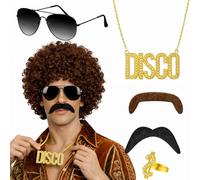 Jerhyun 5 Pièce 80s Perruque Homme, Perruque Mulet pour Hommes avec Lunettes Soleil, Moustache, Collier Anneau pour Fêtes Carnaval Halloween (Brun café foncé)