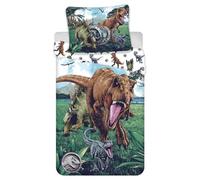 Jerry Fabrics Jurassic World Parure de lit pour enfant avec housse de couette 140 x 200 cm et taie d'oreiller 70 x 90 cm, 100 % coton Motif dinosaure T-Rex, stégosaure, Velociraptor Bleu