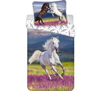 Jerry Fabrics Literie en coton 140x200 Taie d'oreiller blanche cheval galopant lavande 70x90 JF24