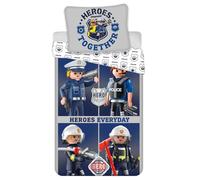 Jerry Fabrics Parure de lit pour enfant Heroes Together Heroes Everyday Police Pompier Fire Hero Housse de couette 140 x 200 cm + taie d'oreiller 70 x 90 cm 100 % coton