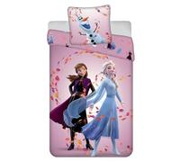 Jerry Fabrics Parure de Lit Reine des Neiges Magical Time, Housse de Couette Frozen Réversible 140x200 cm + Taie d'oreiller 65x65 cm, avec Elsa, Anna et Olaf