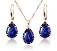 Jertom Parure de bijoux en cristal autrichien plaqué or 14 carats avec pendentif en forme de goutte d'eau et boucles d'oreilles pendantes en forme de poire pour femmes et filles, saphir serti rose