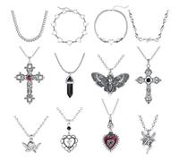 JeryWe 12PCS Ensemble de Colliers Gothiques Grunge pour Femmes Homme Cool Y2k Bijoux Grunge Croix Gothique Oeil Du Mal Aile de Papillon en Cristal Coeur d'Ange ChaîNe Choker Collier Accessoires Y2k