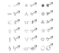 JeryWe 18 Paires Lot Boucle D'oreille Femme en Acier Chirurgical Cartilage Stud Piercing Clou d'Oreille Hypoallergénique Plat Helix Tragus Piercing Bijoux Etoile Lune CZ Oreille Argent