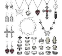 JeryWe 33Pcs Parure Gothique Grunge pour Femmes Hommes Punk Collier Vintage Boucles d'oreilles Fée Papillon Boho Croix Pendentif Coeur Choker Goth Anneaux Empilables Ajustables Accessoires Y2K Bijoux
