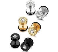 JeryWe 3Paires Boucles d’Oreilles pour Hommes Femmes Acier Inoxydable Vintage Punk Barbell Haltère a Visser CZ Ronde Clou Piercing Faux Plugs Tunnel Piercing Tragus Argent Noir Or