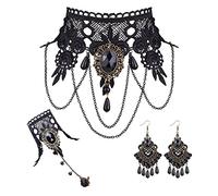 JeryWe 4 Pcs Ensemble Gothique Collier Bracelet Boucles d'oreilles pour Femme Choker Dentelle Sexy Noire Collier Punk Party Gothique Vintage Cosplay Accessoires Rétro Lolita Halloween Bijoux