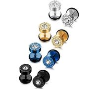 JeryWe 4Paires Boucles d’Oreilles pour Hommes Femmes Acier Inoxydable Vintage Punk Barbell Haltère a Visser CZ Ronde Clou Piercing Faux Plugs Tunnel Piercing Tragus Argent Noir Or
