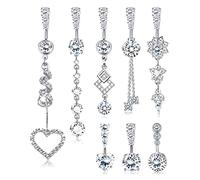 JeryWe 8 Pcs Piercing Nombril 14G Barres de Nombril pour Femme Acier Inoxydable 316L Coeur CZ Argent Piercing Nombril Anneau Piercing Bijoux Haltères styleA argenté