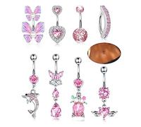 JeryWe 8pcs 14G Piercing Nombril Acier Chirurgical pour Femmes Anneaux pour Boutons de Ventre Clicker Rose Bleu CZ Papillon Evil Eye Nombril Anneaux Piercing Ensemble Bijoux Piercing Rose