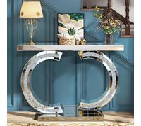 Jesantab Table console argentée miroir avec incrustation de diamants écrasés, table de canapé de 99,4 pouces, double base en forme de C, table d'appoint moderne pour salon, couloir, foyer, entrée