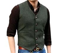 JEShifangjiusu Vintage Sergé Tweed Doux Costume Hommes Laine Sans Manches Encolure Formelle éLéGant Casual Vest (Armée Verte A1,Grand)