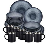 Jesolo Service de table en mélamine gris pour 6 personnes - 24 pièces - avec tasses en acier inoxydable aspect grès noir, passe au lave-vaisselle, vaisselle de camping, camping, festival