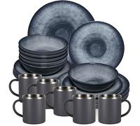 Jesolo Service de table en mélamine pour 6 personnes - 24 pièces - avec tasses en acier inoxydable gris aspect faïence passe au lave-vaisselle Vaisselle de camping caravane camping festival