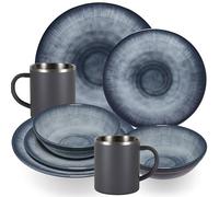 Jesolo Set de vaisselle en mélamine pour 2 personnes - 8 pièces - avec tasses en acier inoxydable gris aspect grès passe au lave-vaisselle Vaisselle de camping caravane camping festival