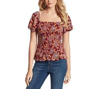 Jessica Simpson Women's Marie Flutter Sleeve Smocked Blouse, Red Dahlia Moroccan Blooms, X-Small