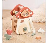 Jessruly Cube d'activités en bois Trieur de formes Montessori et jouet de l'arche de Noé, centre d'apprentissage musical multisensoriel avec boutons de champignon et éléments de percussion