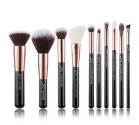 Jessup Lot de 10 pinceaux de maquillage - Pour fond de teint, eyeliner, anti-cerne, tampon - Fabrication artisanale - Poils synthétiques - Kit d'outils de maquillage - Noir et or rose - T156