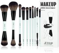 Jessup Pinceaux Maquillages Lot 10 Pinceau De Maquillage À Double Embout Pinceaux Pour Fond De Teint,Contour,Rougir,Estompage,Fard À Paupières,Eyeliner,Correcteur Pinceaux À Sourcils,Cyan Vif T500