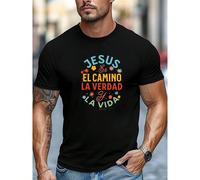 Jésus - Chemise pour pères ; Chemise graphique de la Bible espagnole - Design inspiré de Jean 14:6 avec des accents floraux. Chemise légère, estivale, décontractée à manches courtes avec un col rond. 