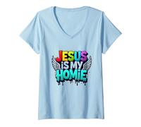 Jésus est ma Maison : déclaration de Foi aux Ailes Arc-en-Ciel vibrantes T-Shirt avec Col en V, Femme, Bleu Céleste, M