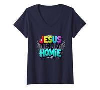 Jésus est ma Maison : déclaration de Foi aux Ailes Arc-en-Ciel vibrantes T-Shirt avec Col en V, Femme, Bleu Marine, S