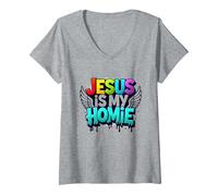 Jésus est ma Maison : déclaration de Foi aux Ailes Arc-en-Ciel vibrantes T-Shirt avec Col en V, Femme, Gris Chiné, M