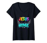 Jésus est ma Maison : déclaration de Foi aux Ailes Arc-en-Ciel vibrantes T-Shirt avec Col en V, Femme, Noir, S