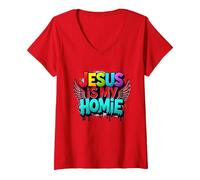 Jésus est ma Maison : déclaration de Foi aux Ailes Arc-en-Ciel vibrantes T-Shirt avec Col en V, Femme, Rouge, M