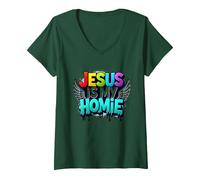Jésus est ma Maison : déclaration de Foi aux Ailes Arc-en-Ciel vibrantes T-Shirt avec Col en V, Femme, Vert Forêt, S