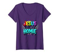Jésus est ma Maison : déclaration de Foi aux Ailes Arc-en-Ciel vibrantes T-Shirt avec Col en V, Femme, Violet, S