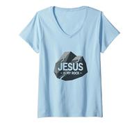 Jésus est Mon Rocher : Graphique chrétien inspirant, Jésus T-Shirt avec Col en V, Femme, Bleu Céleste, XXL